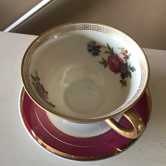 Vintage Fine Bone China Dark Pink Gold Floral Teacup & Saucer Set (Czech) - Picture 2 of 7